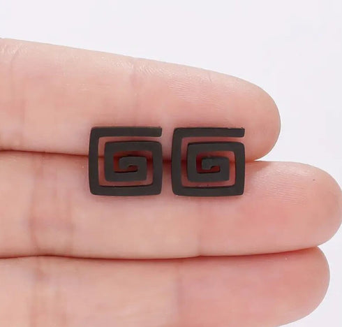 Rhodium Plated Ancient Greek Key Gun Black Men & Women Stud Earrings